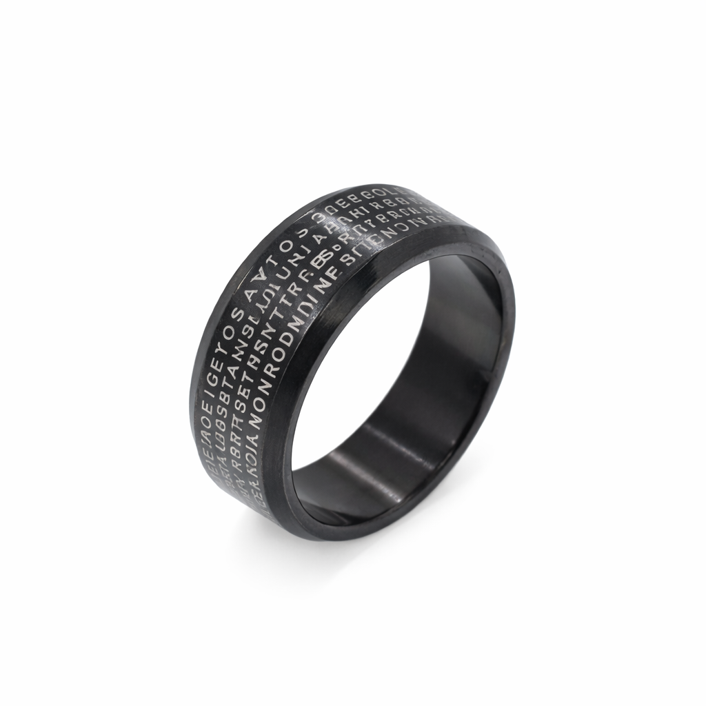 Black Rhodium Plated Stainless Steel Beveled Edge Padre Nuestro Prayer Ring- SRB042
