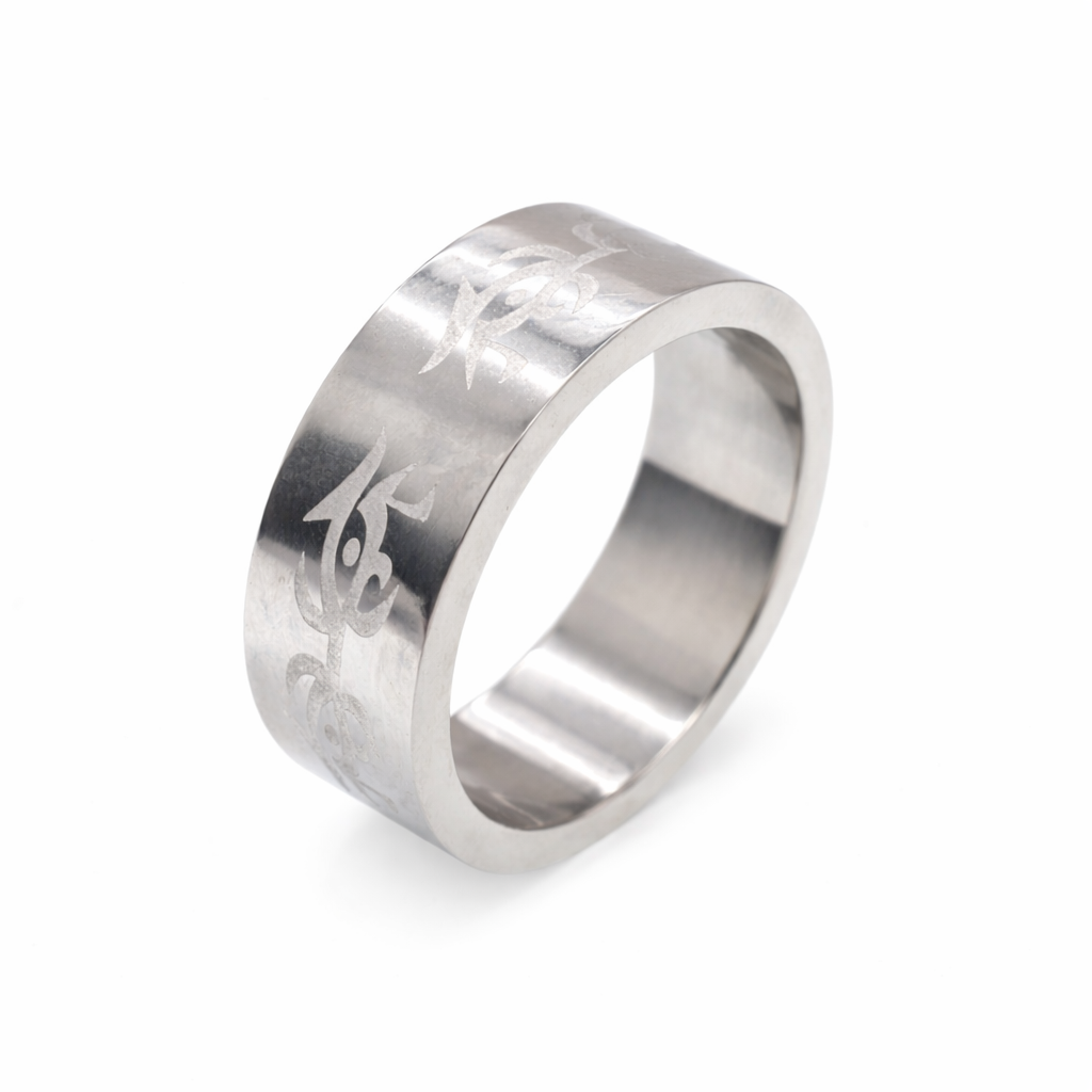 Rhodium Plated Stainless Steel Tribal Design Ring- SRB049