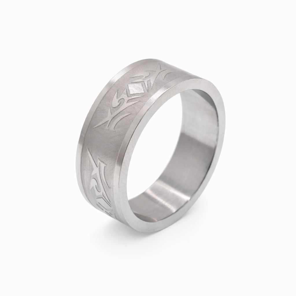 Rhodium Plated Brushed Stainless Steel  Tribal Design Ring- SRB050