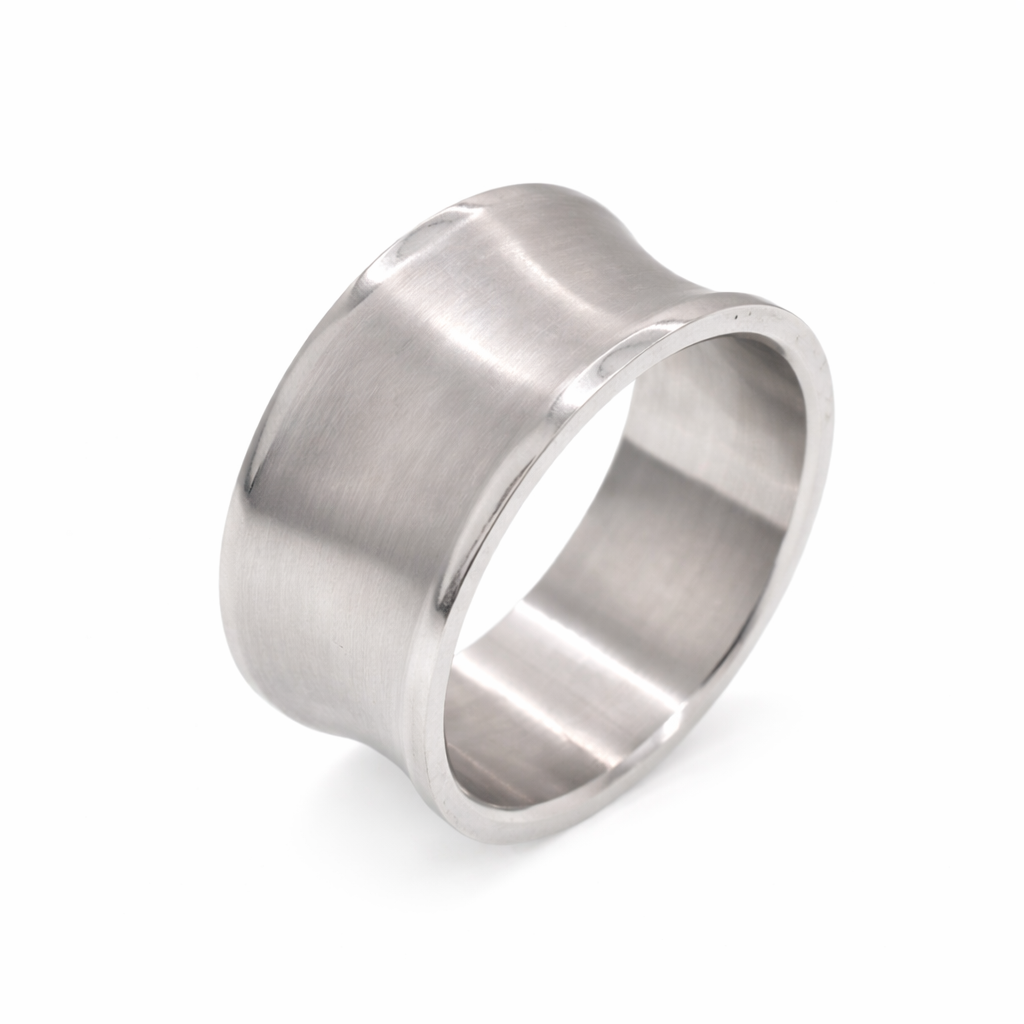 Rhodium Plated Stainless Steel Plain Concave Ring- SRB052