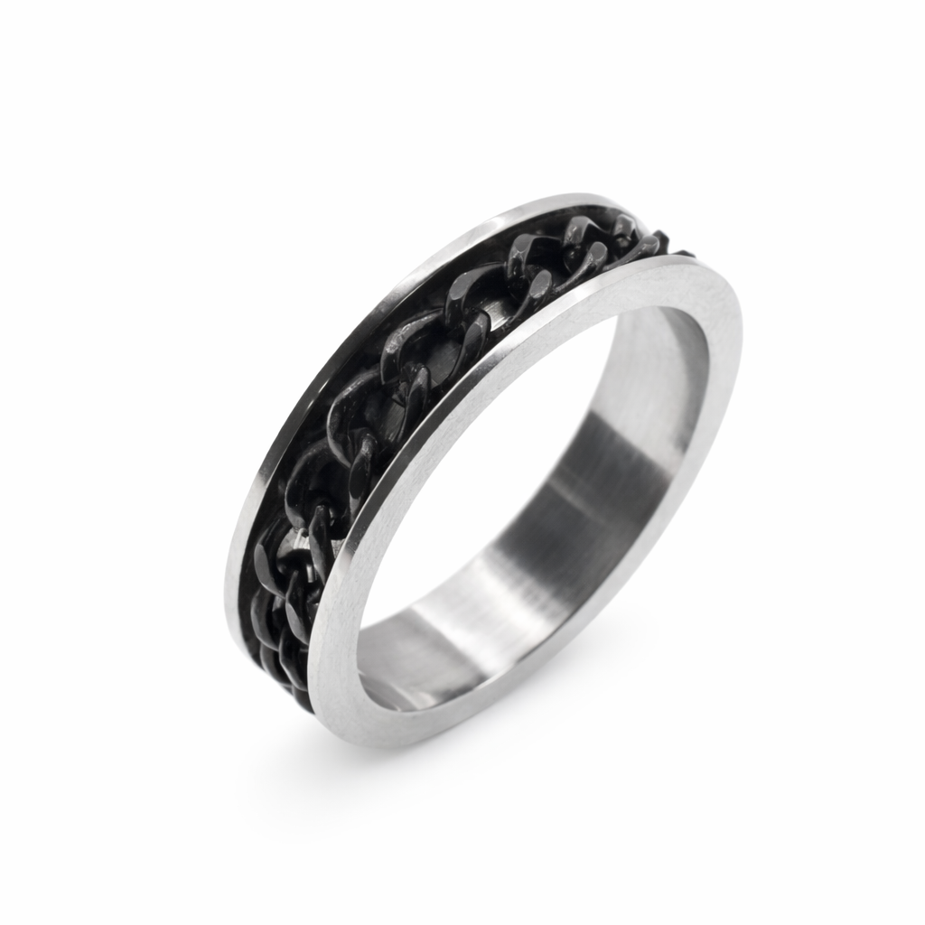 Black & Rhodium Plated Stainless Steel Chain Link Spinner Ring- SRB0007