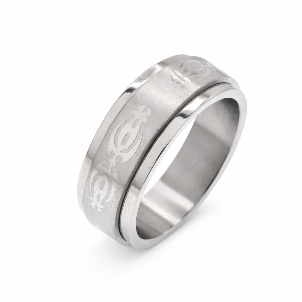 Rhodium Plated Stainless Steel Tribal Design Men's Spinner Ring- SRB0011