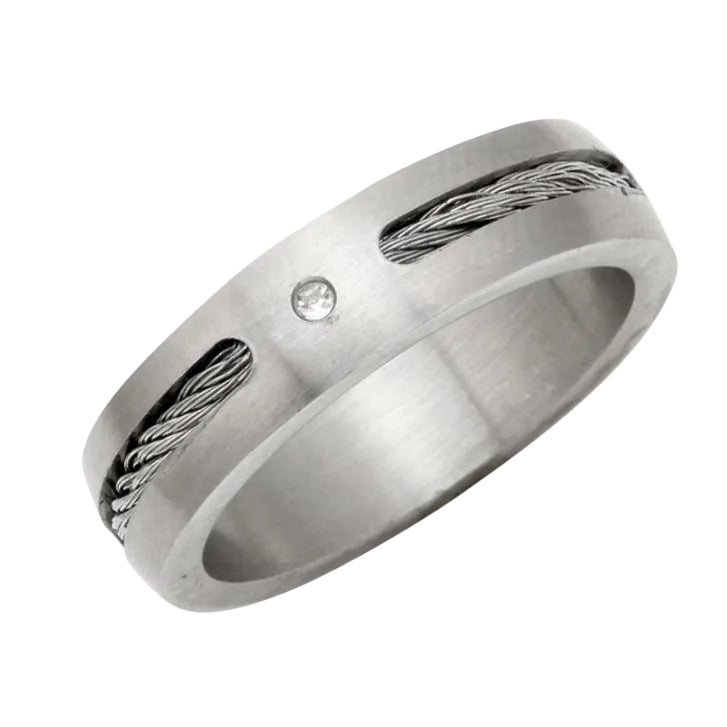 Rhodium Plated Stainless Steel Cable Inlay & CZ Men's Ring- SRB0017
