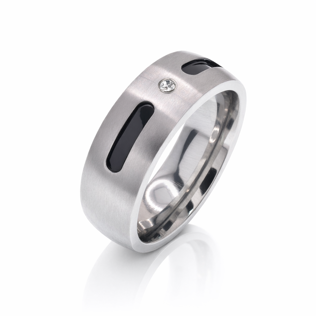 Rhodium Plated Stainless Steel Black Inlay Solitaire CZ Men's Ring- SRB038