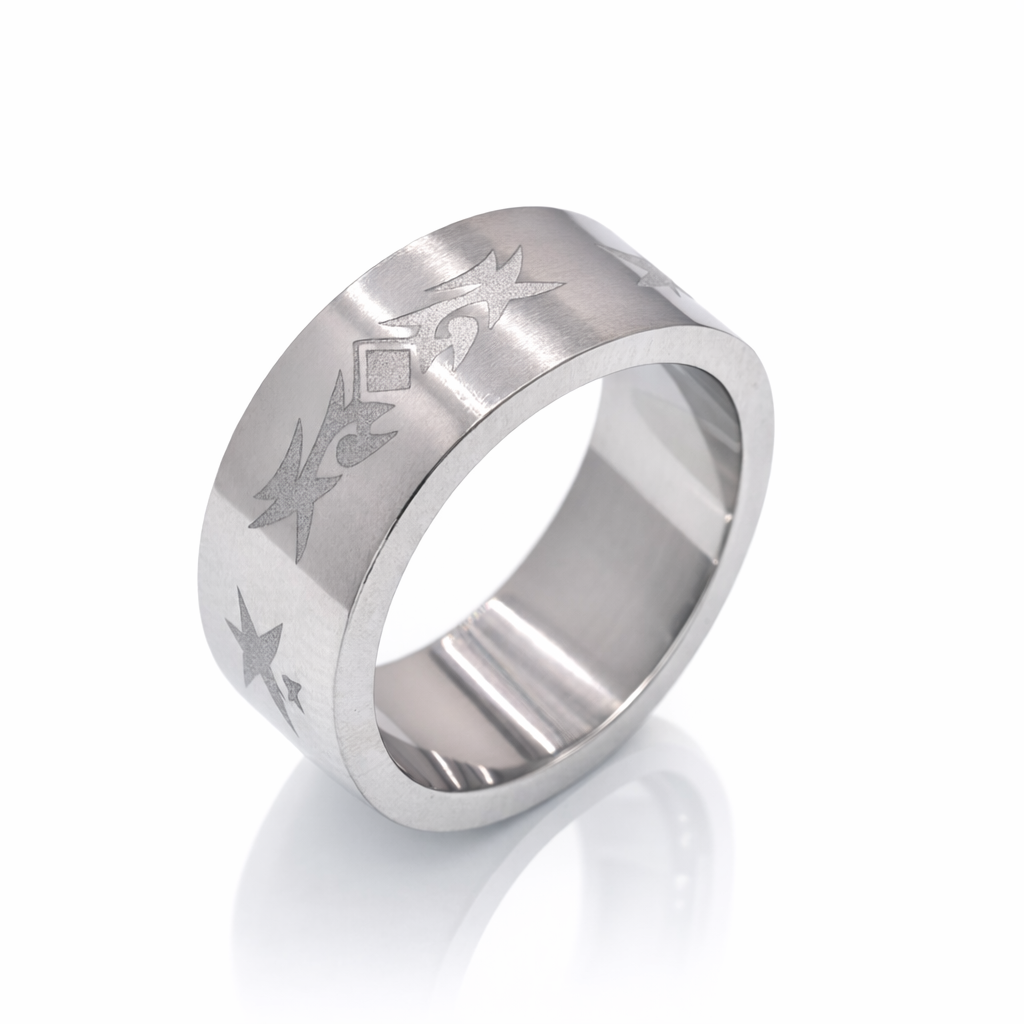 Rhodium Plated Stainless Steel Flat  Tribal Ring- SRB051