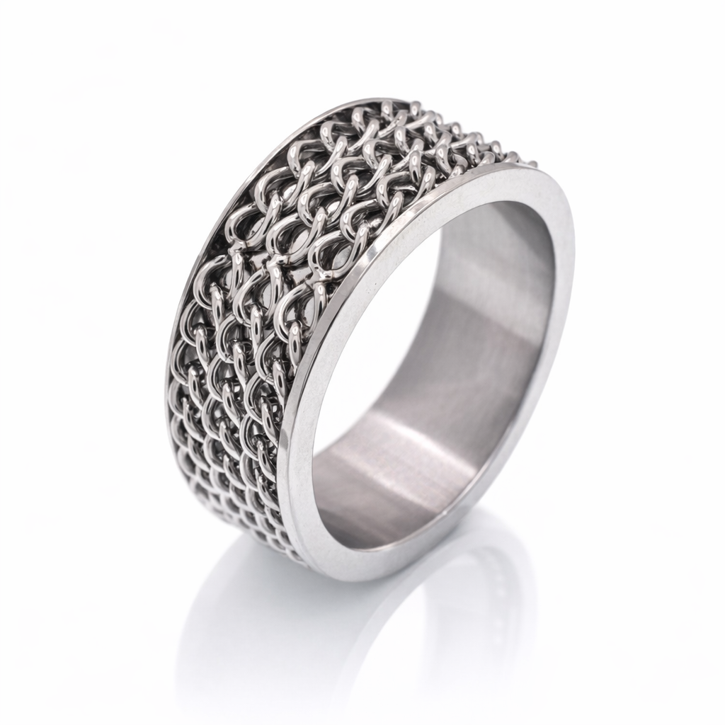 Rhodium Plated Stainless Steel 3 Row Chain Link Band Ring- SRB070