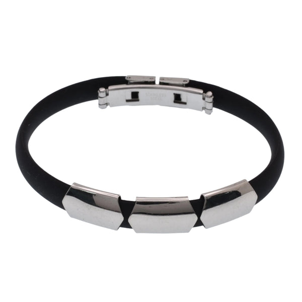 Stainless Steel Triple Hexagon Design Rubber Bracelet - SSB00044