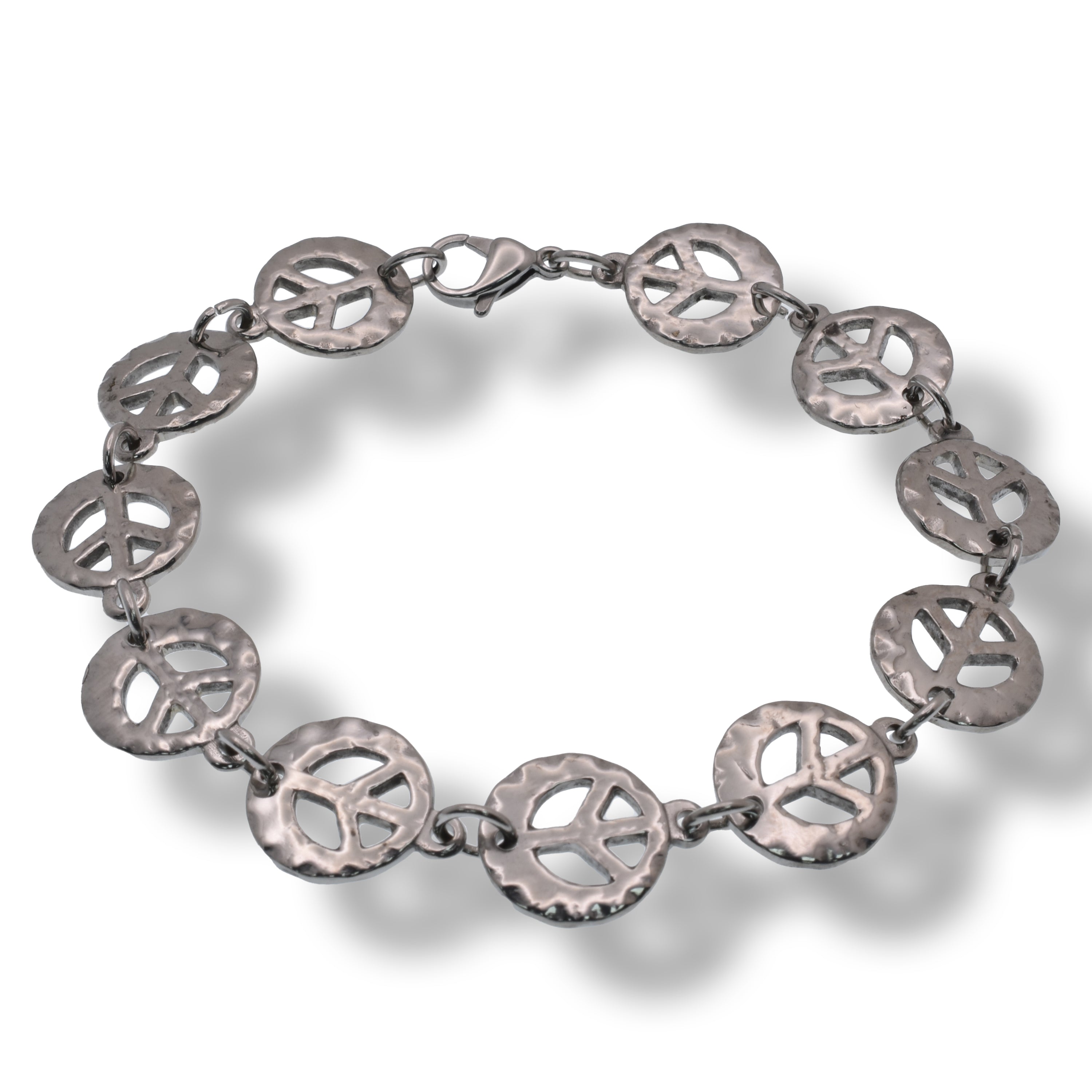 Rhodium Plated Stainless Steel Round Peace Sign Bracelet