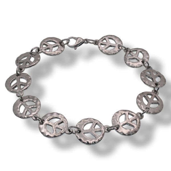 Rhodium Plated Stainless Steel Round Peace Sign Bracelet - SSB00168