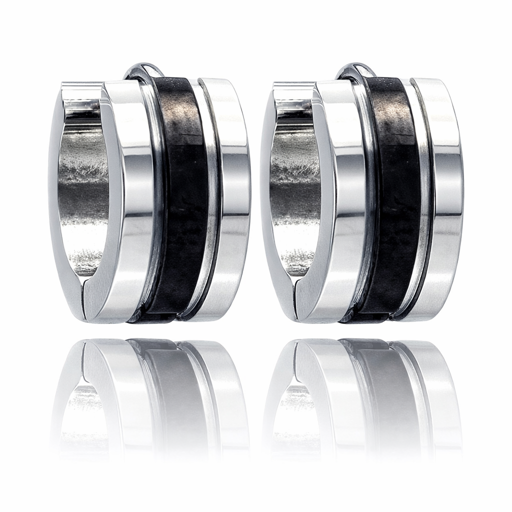Stainless Steel Black Line Center Huggie Earrings - SSE00001