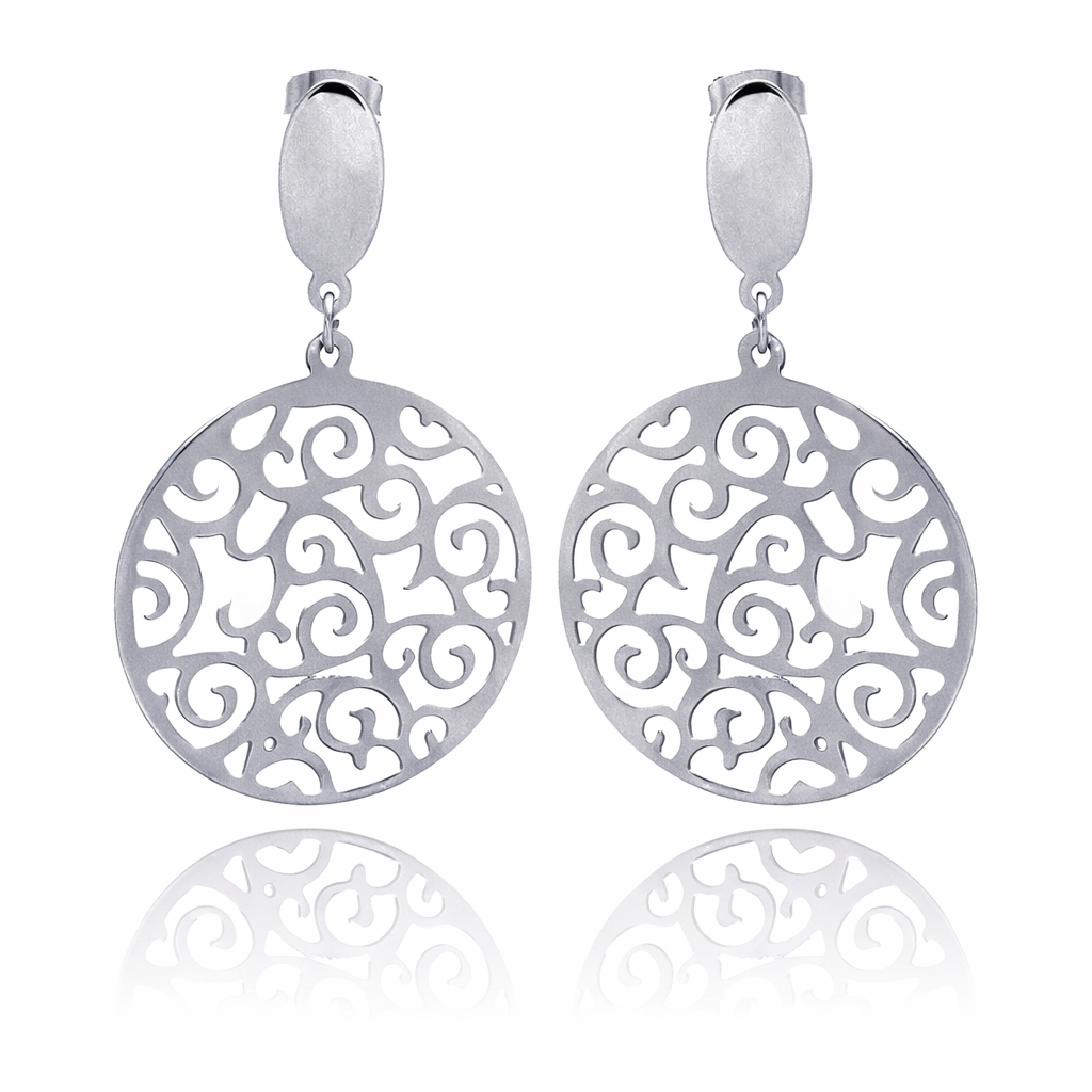 Rhodium Plated Stainless Steel Swirl Disc Dangle Earrings - SSE00005