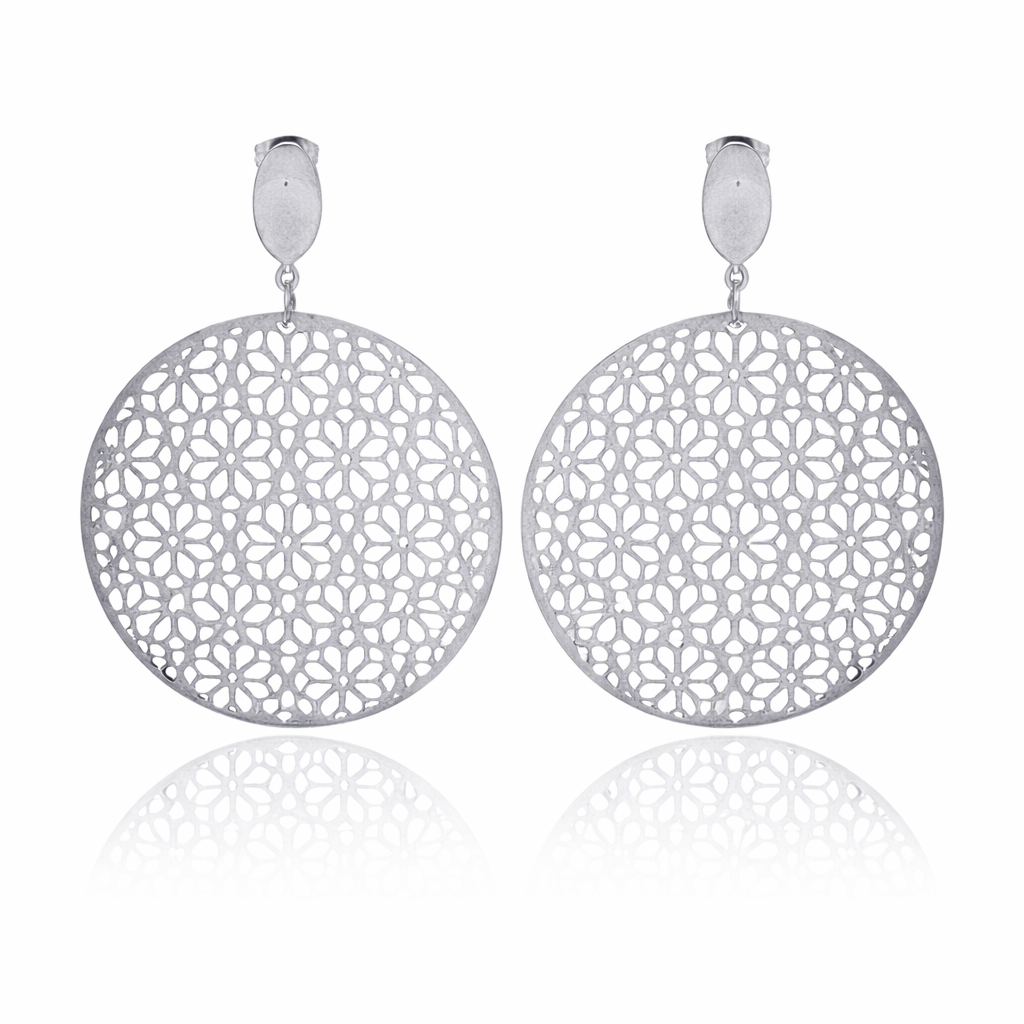 Rhodium Plated Stainless Steel Multi Cut Out Flower Disc Earrings - SSE00006