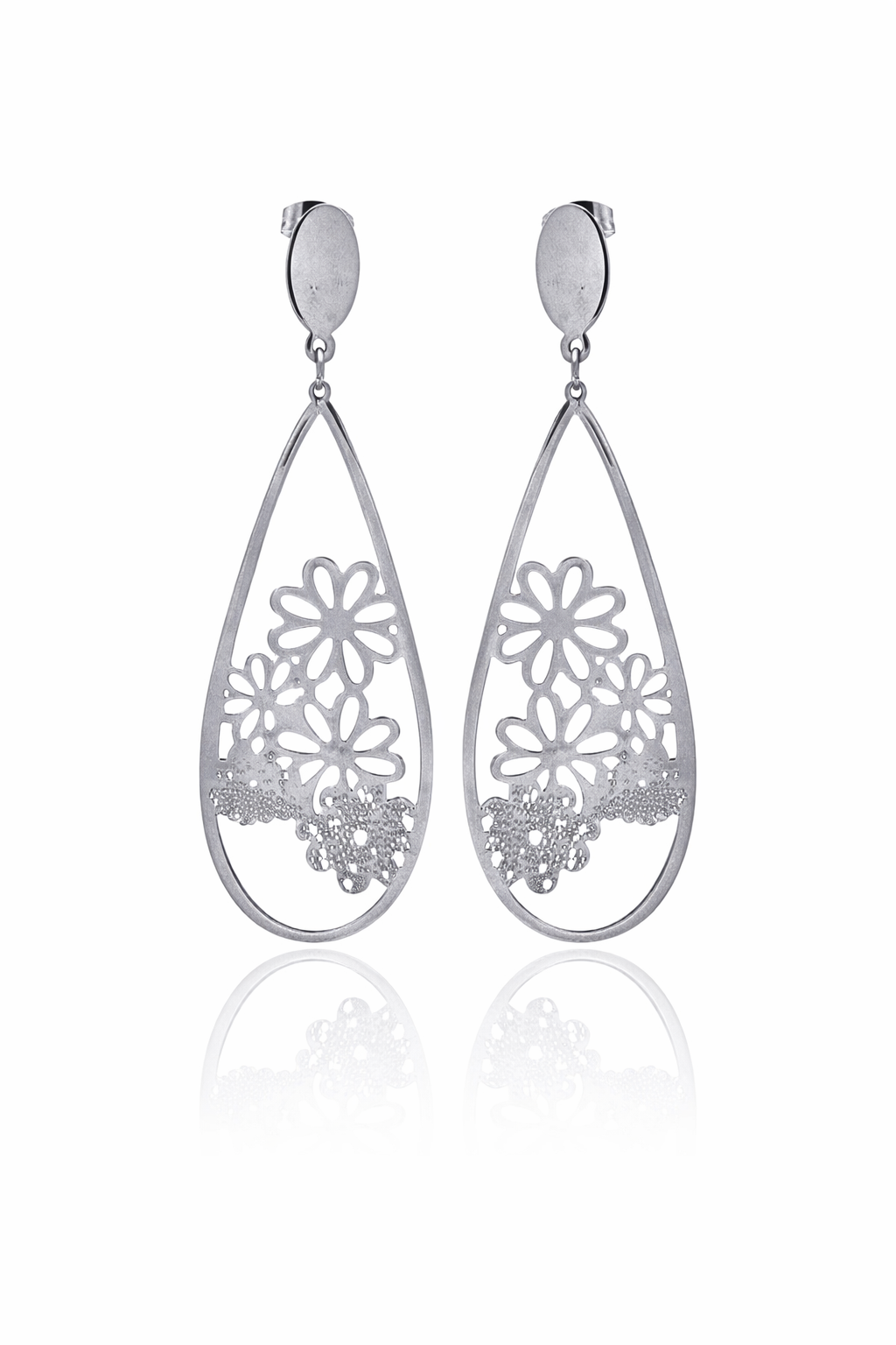 Rhodium Plated Stainless Steel Multi Cut Out Flower Tear Drop Earrings - SSE00007