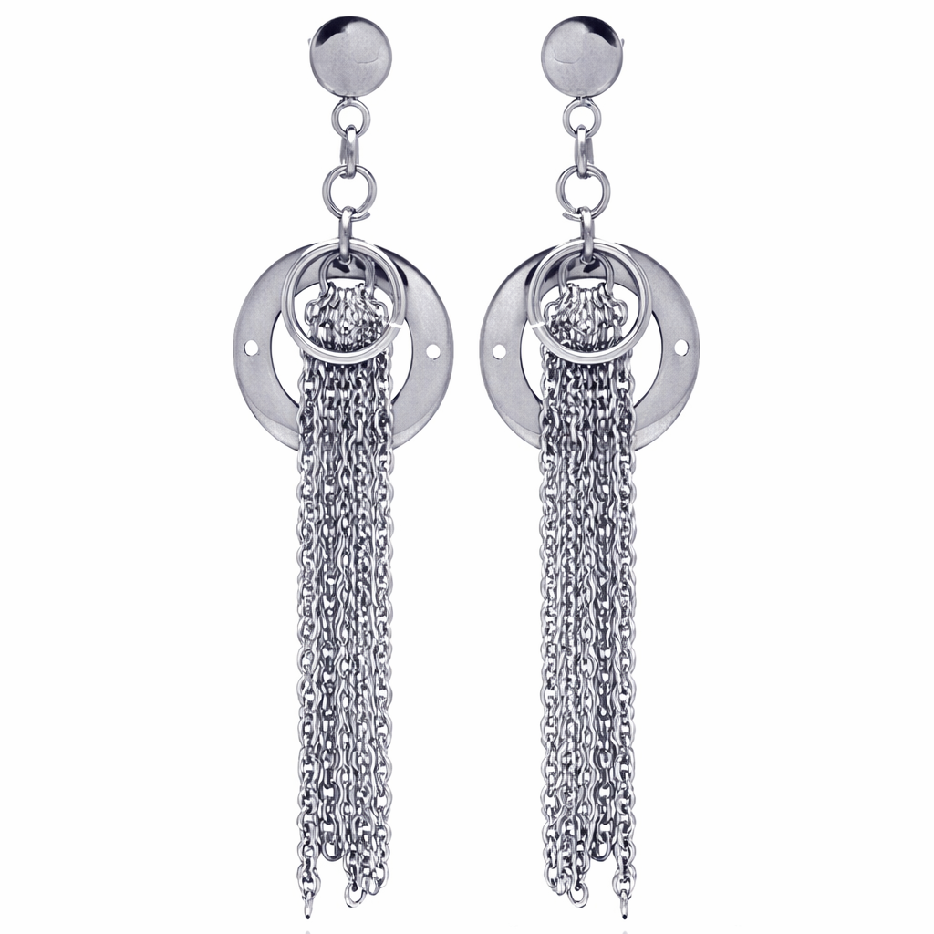 Rhodium Plated Stainless Steel Open Disc Chain Link Chandelier Earrings - SSE00008
