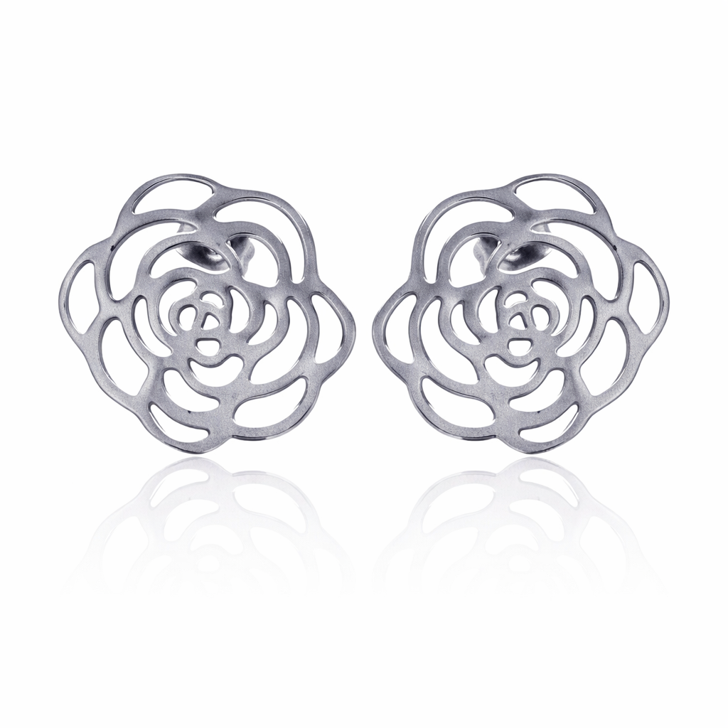Rhodium Plated Stainless Steel Open Flower Stud Earrings - SSE00009