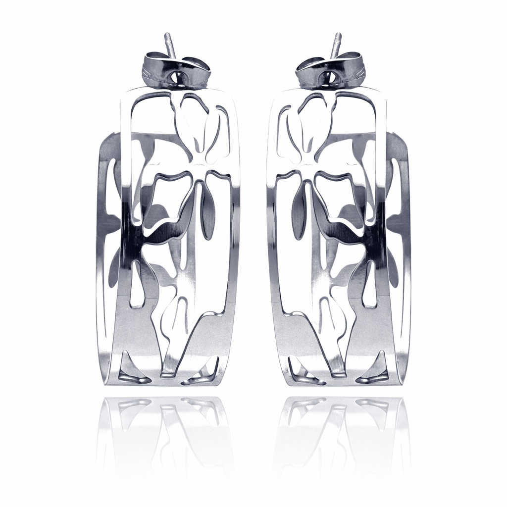 Rhodium Plated Stainless Steel Open Cut Our Flower Semi Hoop Earrings - SSE00011