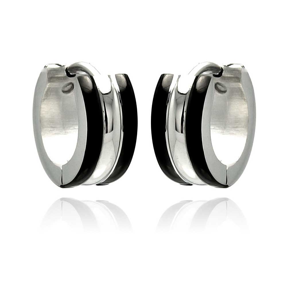 Black & Rhodium Plated Stainless Steel Lined Huggie Hoop Earrings - SSE00077