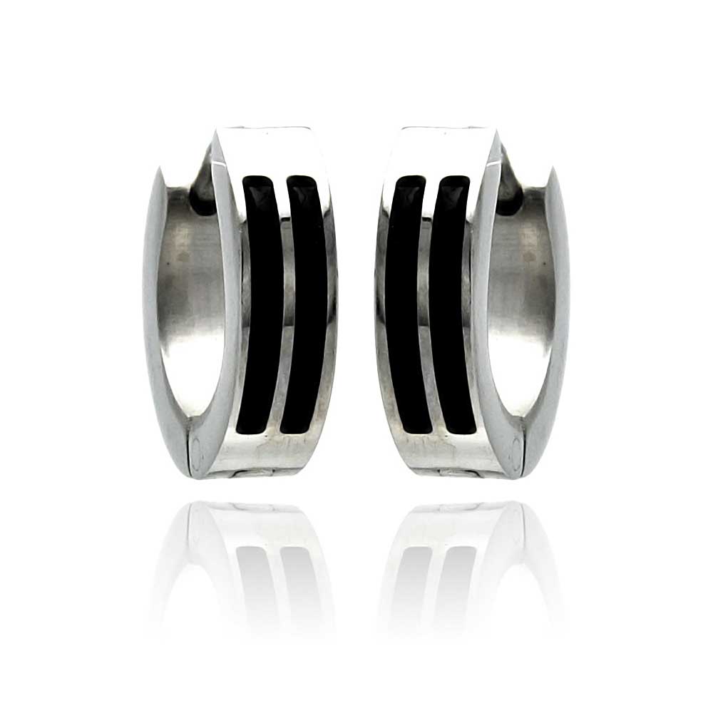 Rhodium Plated Stainless Steel Thin Black Enamel Lined Huggie Hoop Earrings - SSE00078