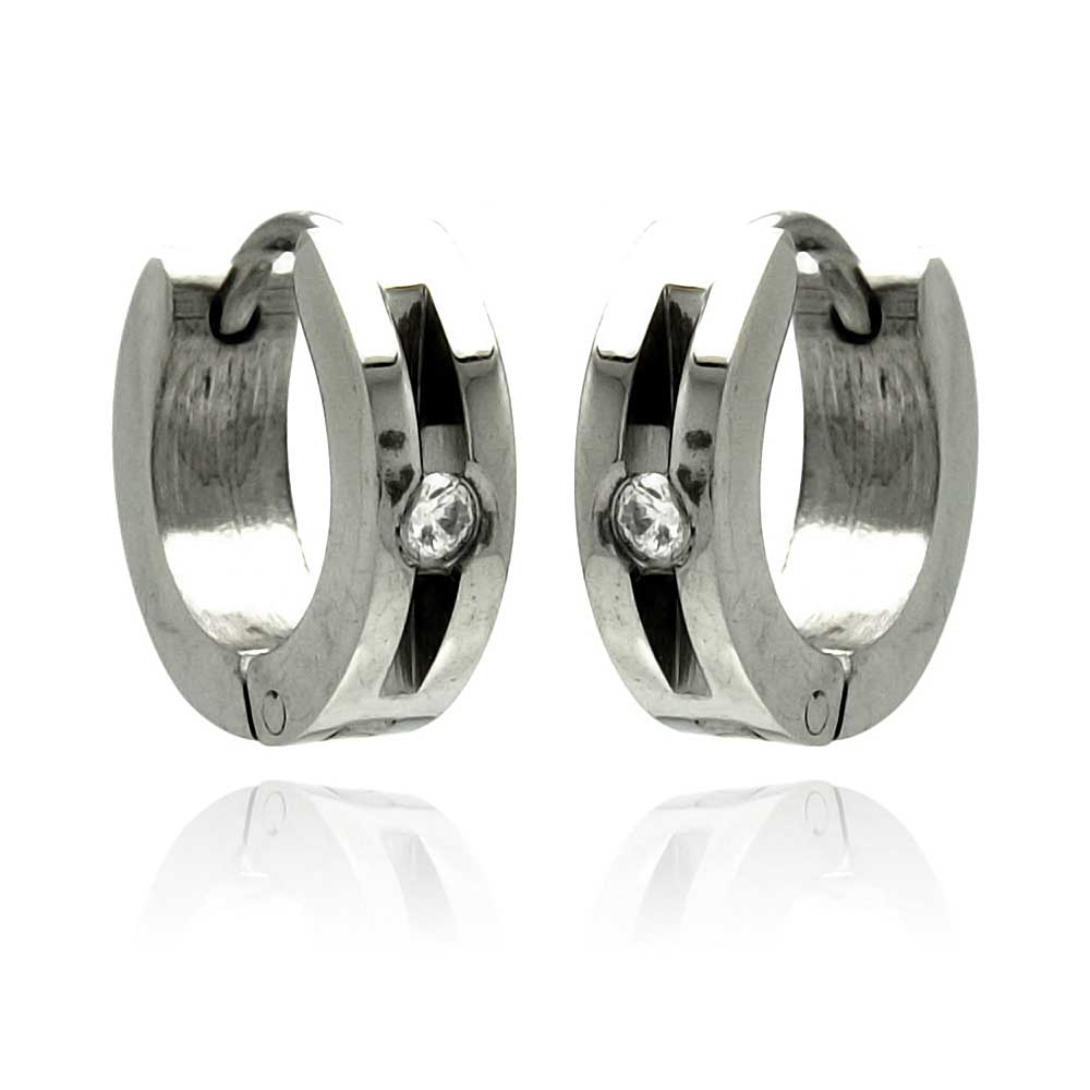 Rhodium Plated Stainless Steel Matte CZ Huggie Hoop Earrings - SSE00079