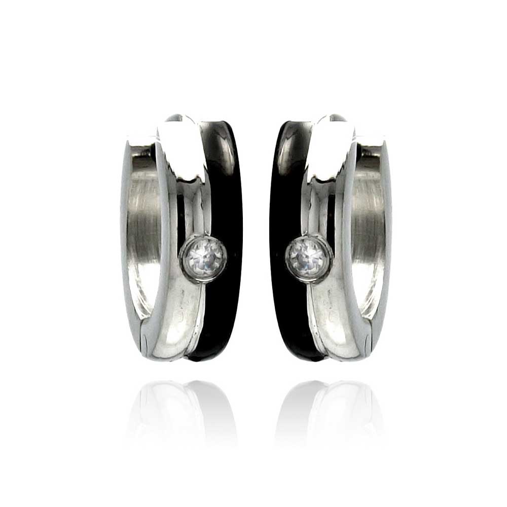Black & Rhodium Plated Stainless Steel Solitaire CZ Huggie Hoop Earrings - SSE00081