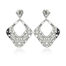 Rhodium Plated Stainless Steel Filigree Diamond Shaped Dangle Earrings - SSE00095