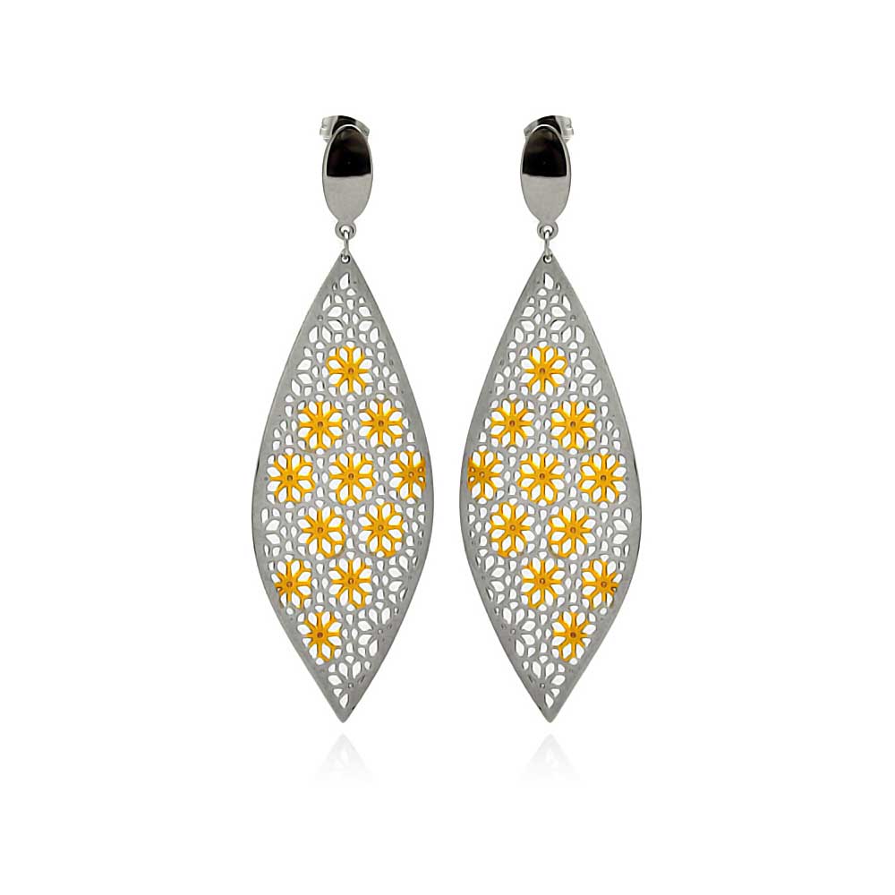Gold & Rhodium Plated Stainless Steel Flower Almond Shaped Dangle Earrings - SSE00096