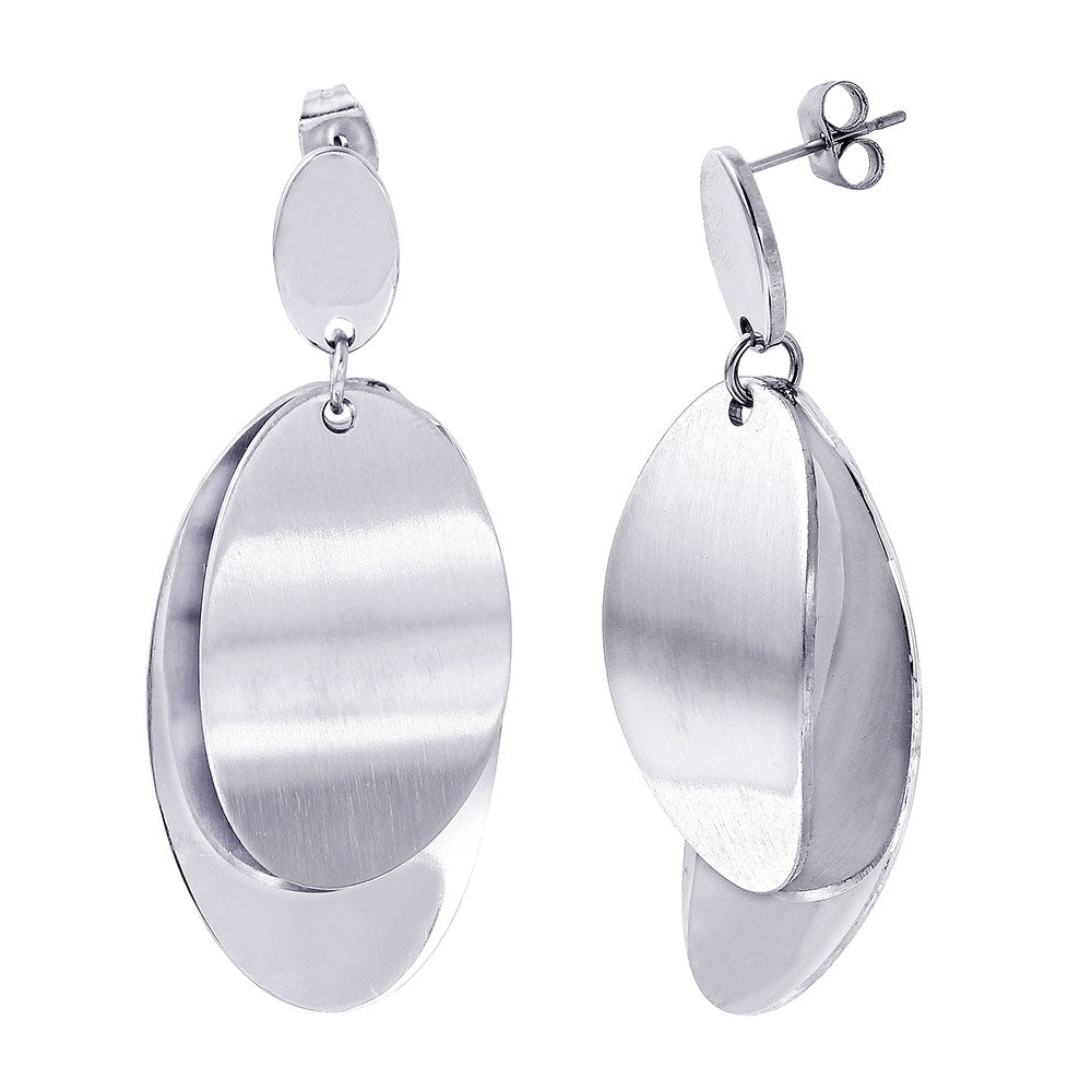 Rhodium Plated Stainless Steel Chunky Oval Dangle Earrings - SSE00111