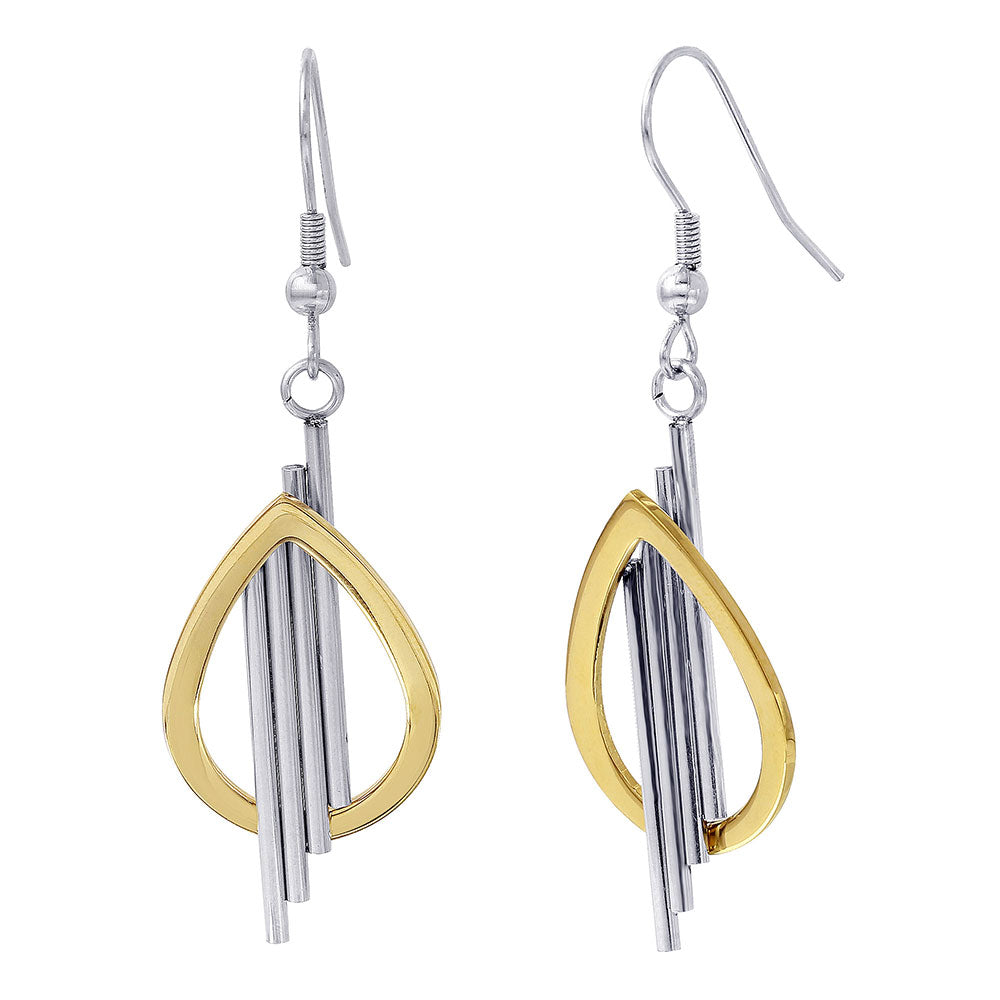 Gold & Rhodium Plated Stainless Stee lOpen Tear Drop with Multi Bars Earrings - SSE00114