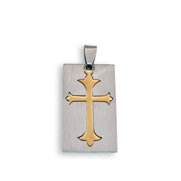 Rhodium & Gold Plated Stainless Steel Cross Rectangle Pendant - SSP00026