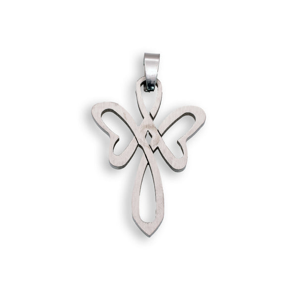 Rhodium Plated Stainless Steel Butterfly Cross Pendant - SSP00040