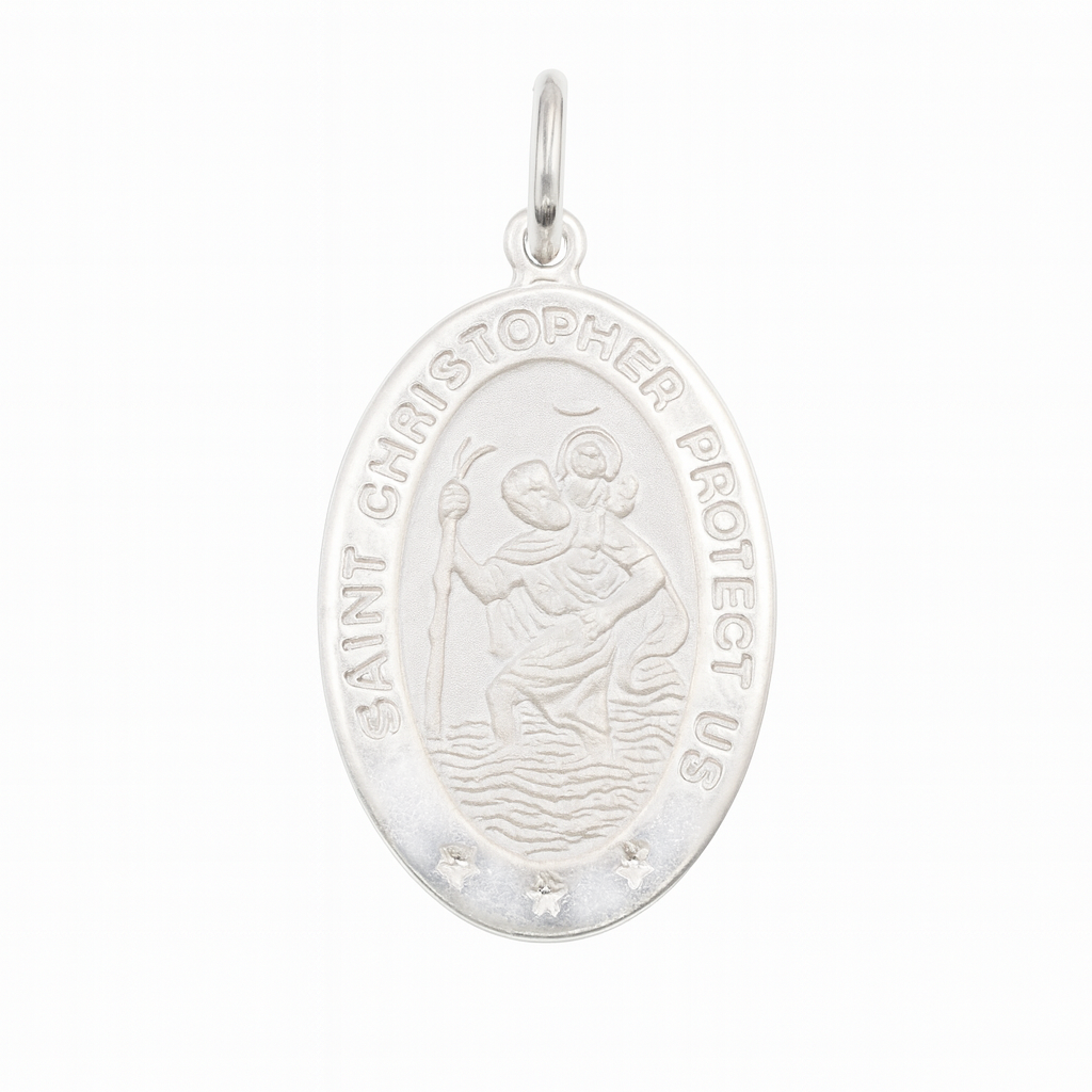 925 Sterling Silver High Polished Sandblasted Saint Christopher CZ Pendant - SPP00067