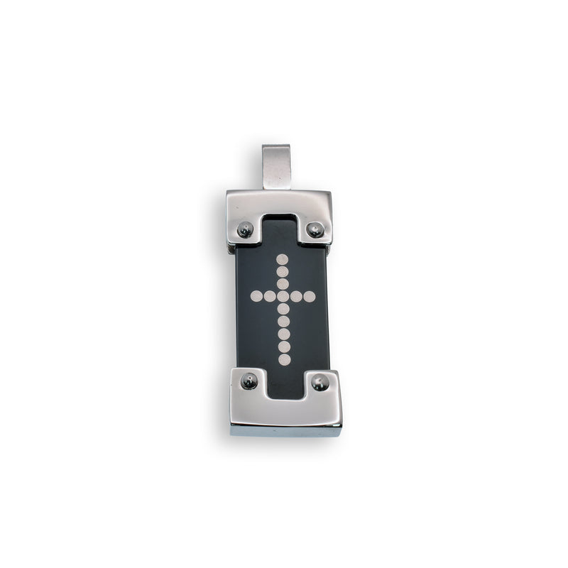 Rhodium Plated Stainless Steel Black Cross Rectangle Pendant - SSP00068
