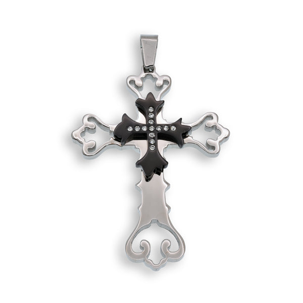 Rhodium & Black Plated Stainless Steel Clear CZ Cross Pendant - SSP00103