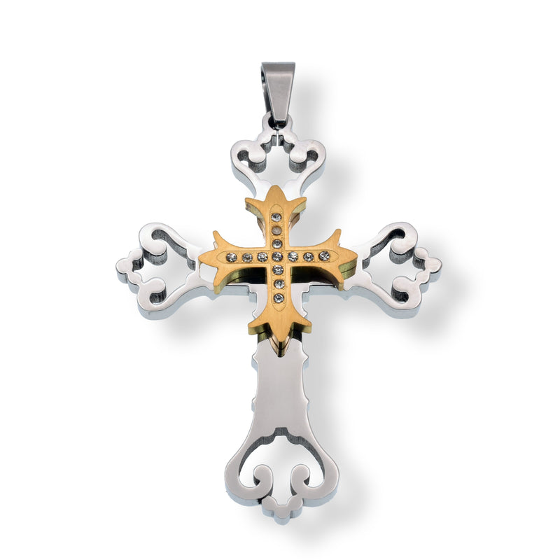 Rhodium and Gold Plated Stainless Steel Budded Cross Clear CZ Pendant - SSP00104