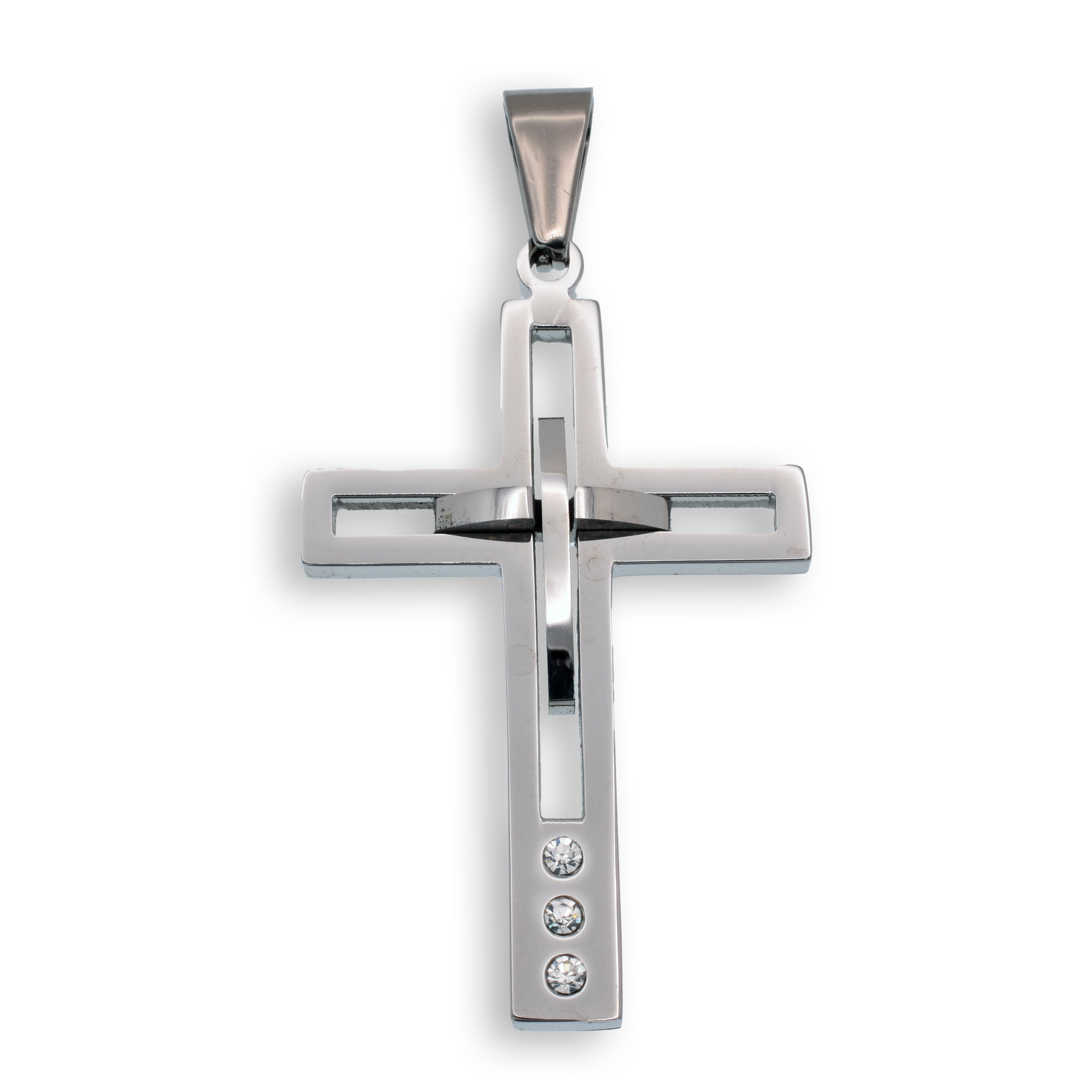 Colgante de cruz de acero inoxidable rodiado con circonita cúbica transparente - SSP00106