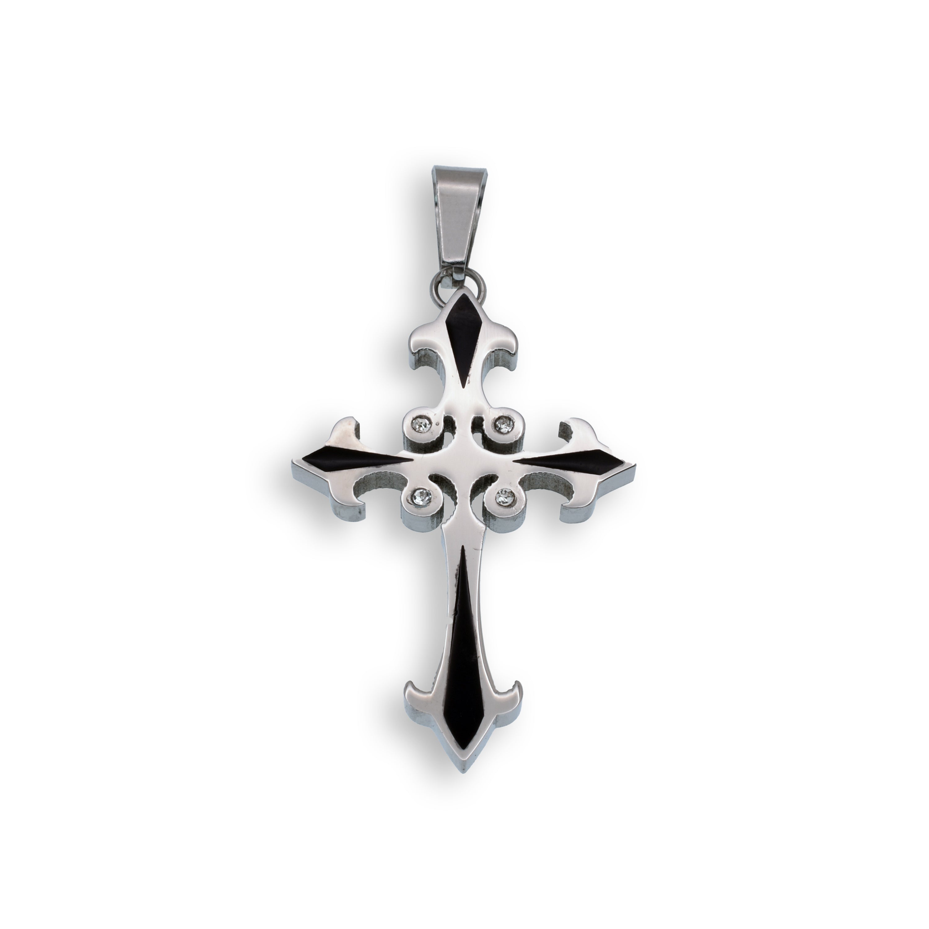 Rhodium Plated Stainless Steel Fleur-de-Lis Cross Clear CZ 28.6mm