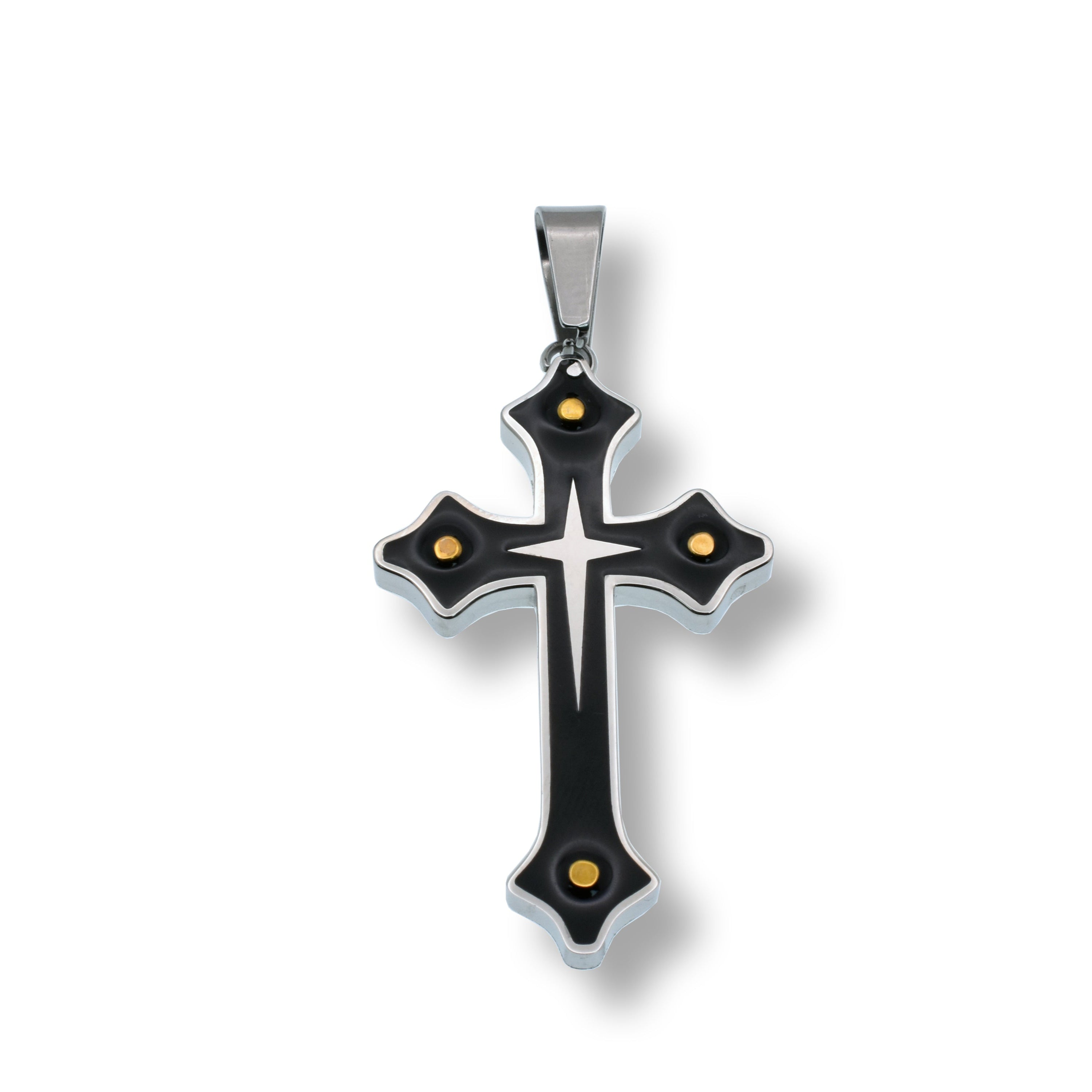 Rhodium Plated Stainless Steel Syriac Cross Black Enamel Pendant