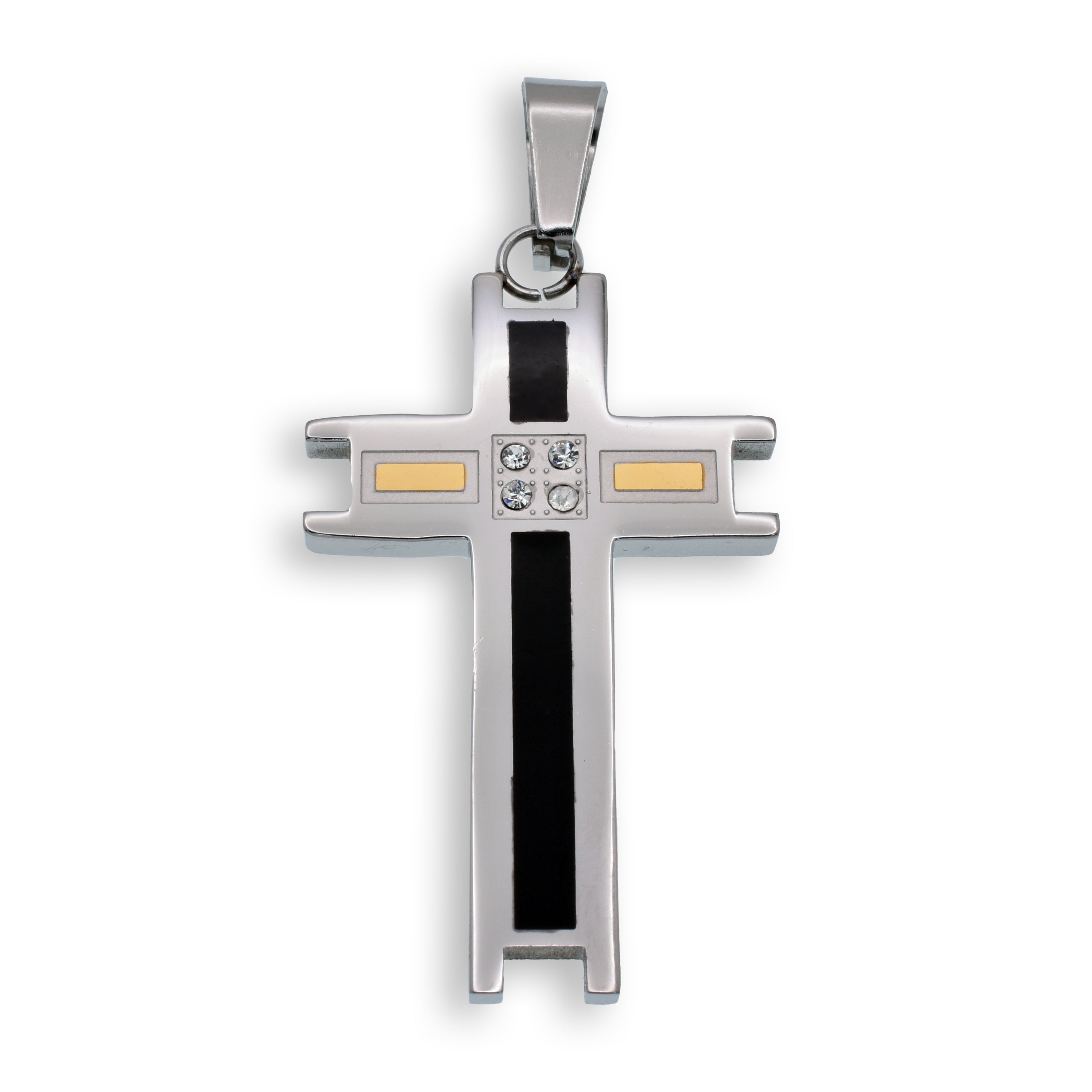 Colgante de cruz de acero inoxidable rodiado con esmalte negro y incrustaciones doradas de circonita cúbica transparente de 26 mm x 41 mm - SSP00119
