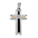 Rhodium Plated Stainless Steel Black Enamel Cross Gold Tone Inlays Clear CZ Bar 26mm x 41mm Pendant - SSP00119