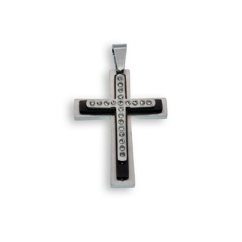 Colgante de cruz de acero inoxidable con doble capa de circonita cúbica y baño de rodio negro - SSP00120