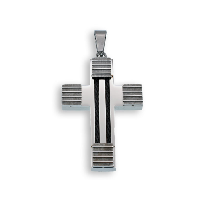 Colgante de cruz de acero inoxidable rodiado con cable pelado - SSP00121