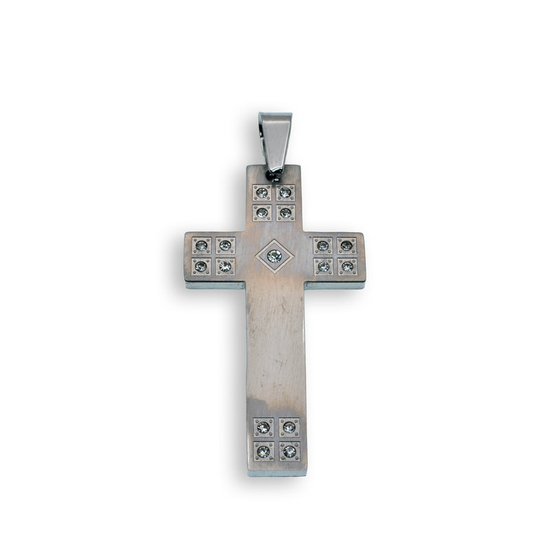 Colgante de cruz de acero inoxidable rodiado con circonita cúbica mate y cuadrado plano - SSP00123