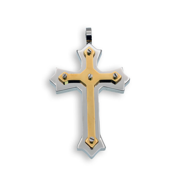 Gold & Rhodium Plated Stainless Steel Double Layered Cross W/Screw Accent Pendant - SSP00127