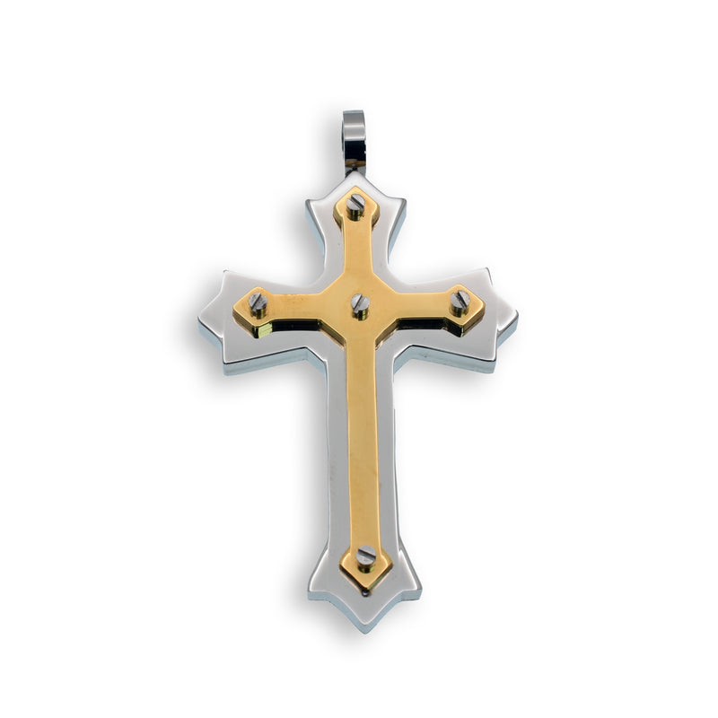 Colgante de cruz de acero inoxidable con baño de oro y rodio de doble capa y detalle de tornillo - SSP00127