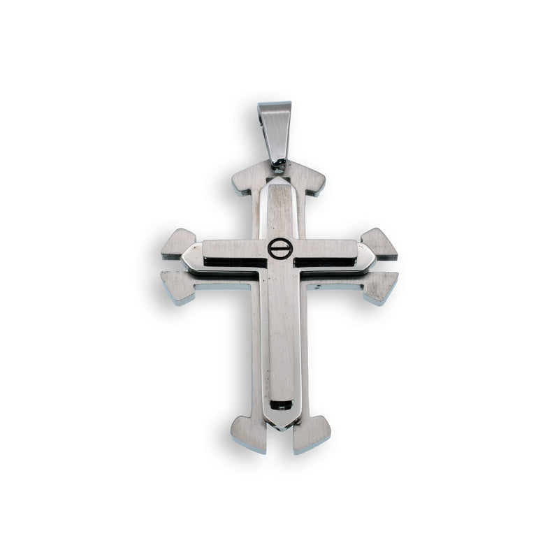 Colgante de cruz de acero inoxidable rodiado de doble capa con detalle de tornillo - SSP00129