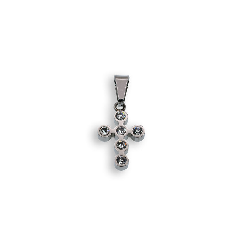 Colgante de cruz de acero inoxidable rodiado con bisel de circonitas - SSP00133