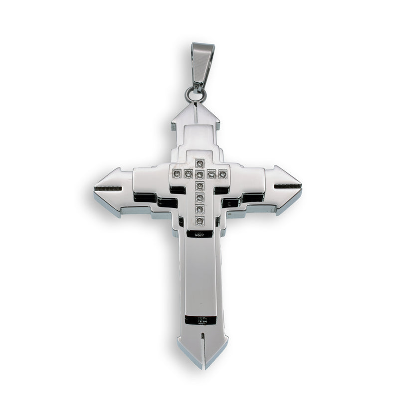 Colgante de cruz de acero inoxidable rodiado con triple capa de circonitas - SSP00135