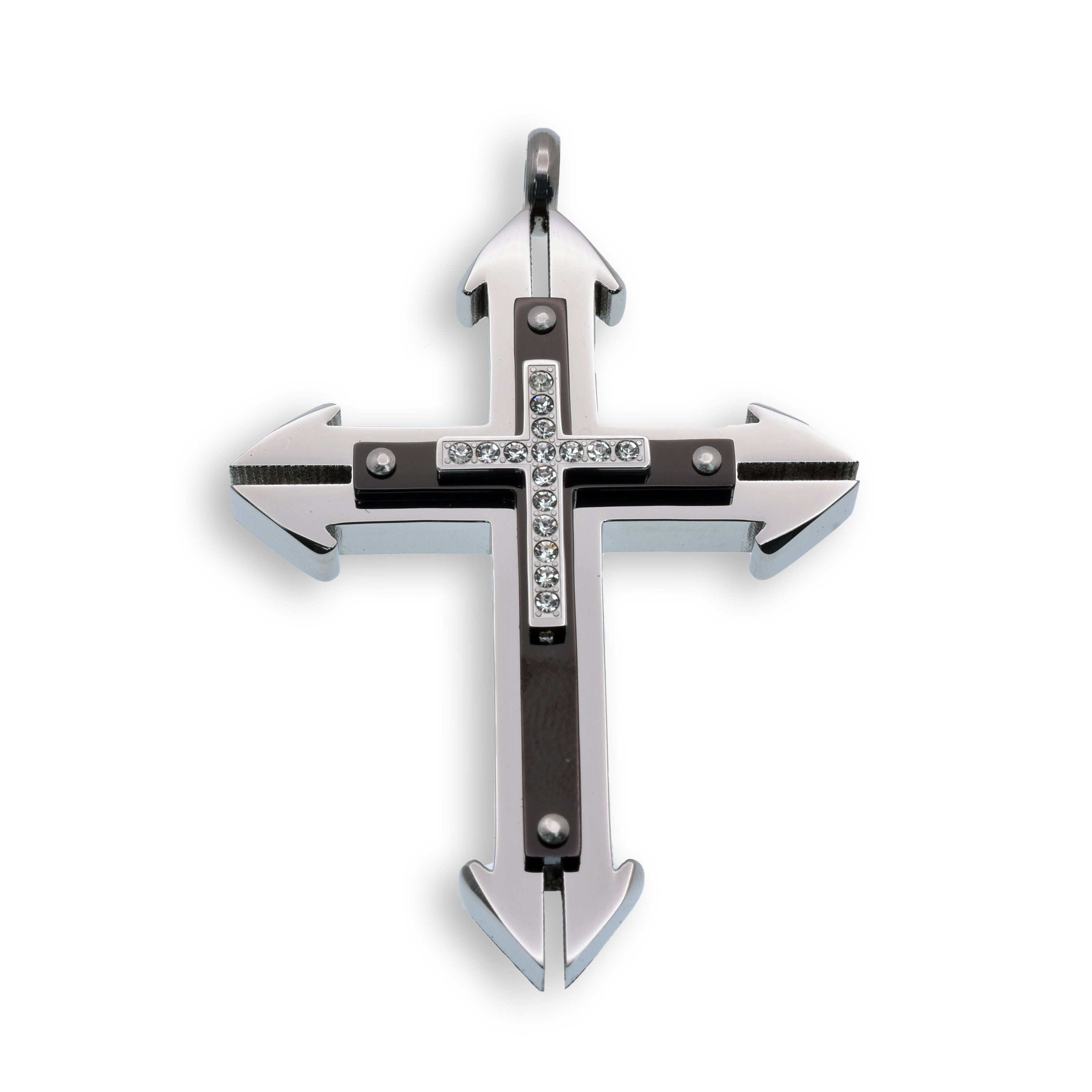 Black & Rhodium Plated Stainless Steel CZ Layered Cross Pendant - SSP00145