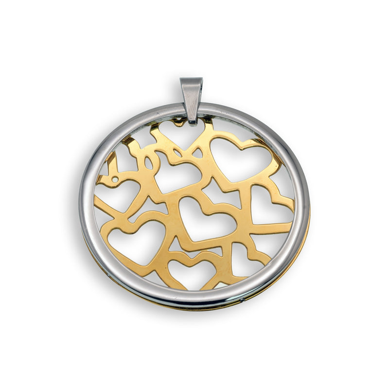 Colgante de disco con incrustaciones de corazón en acero inoxidable bicolor, chapado en oro y rodio - SSP00147