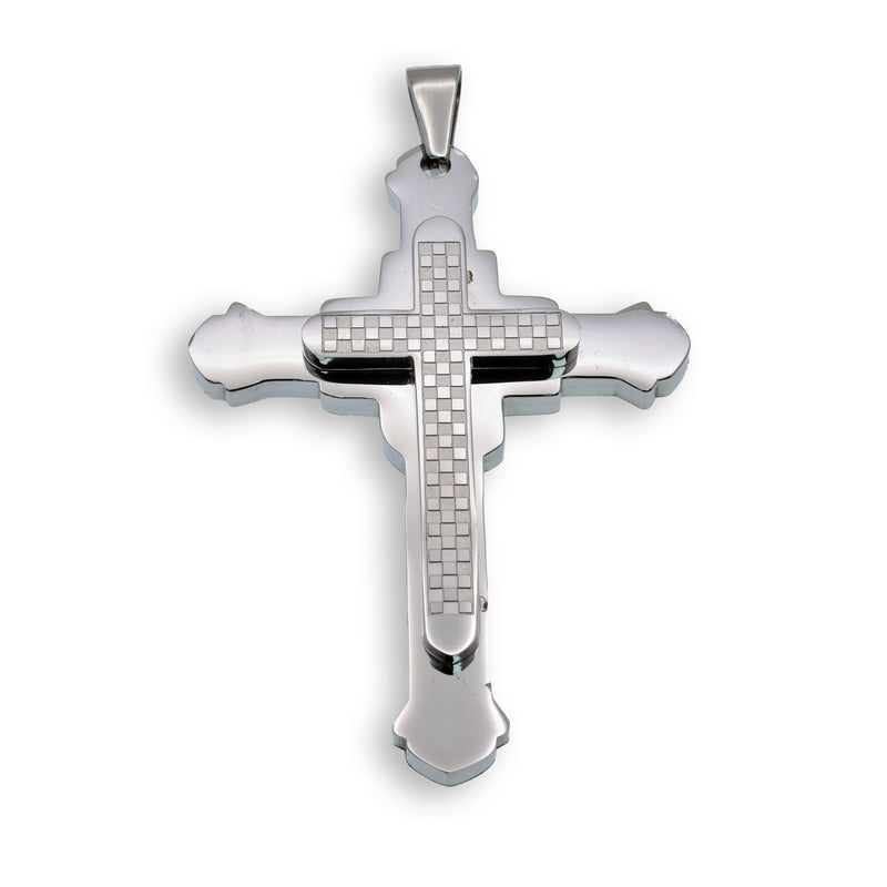 Colgante de cruz de cuadros de doble capa de acero inoxidable rodiado - SSP00153